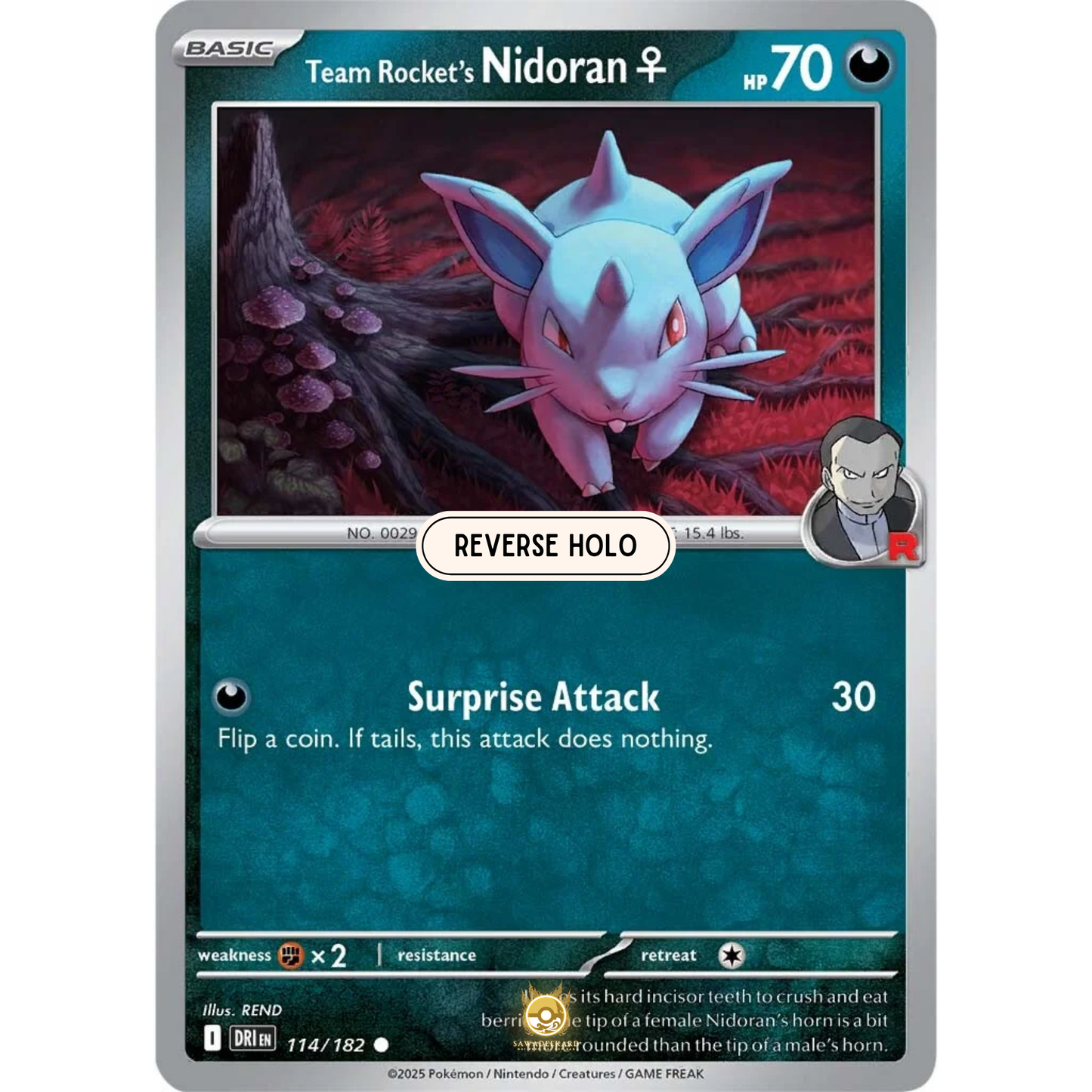 [ENG] Pokemon SV10 Destined Rivals: 114/182 Team Rocket's Nidoran♀ [Darkness] [C - Common] (Reverse Holo)