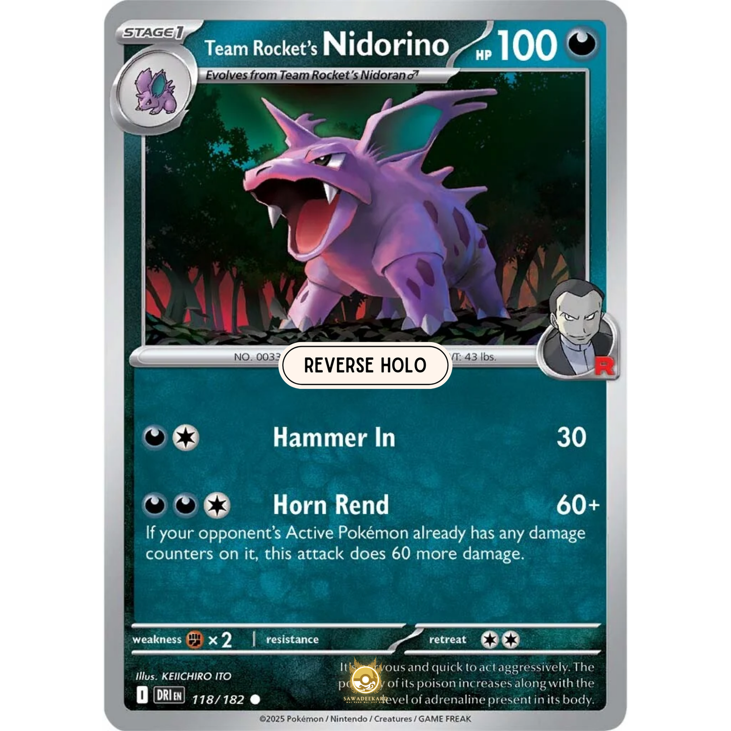 [ENG] Pokemon SV10 Destined Rivals: 118/182 Team Rocket's Nidorino [Darkness] [C - Common] (Reverse Holo)