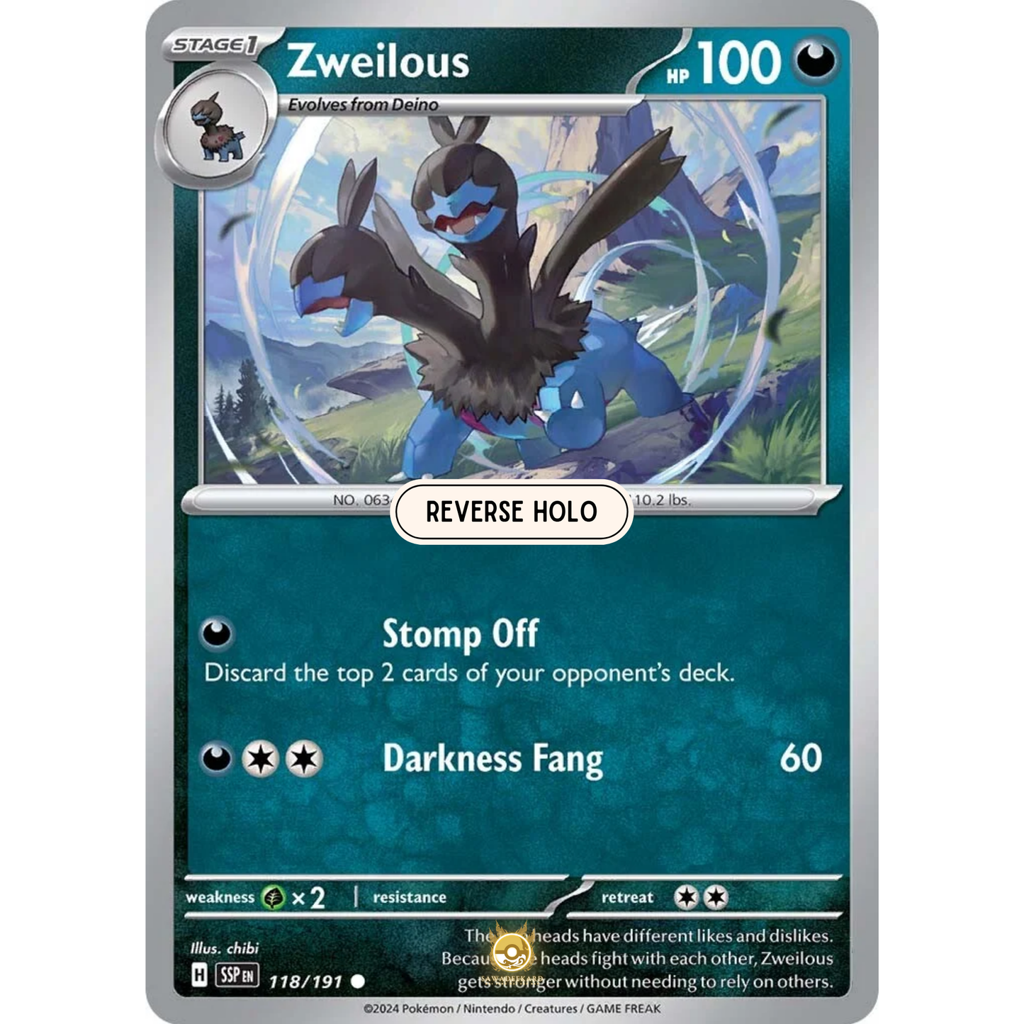 [ENG] Pokemon SV08 Surging Sparks: 118/191 Zweilous [Darkness] [C - Common] (Reverse Holo)