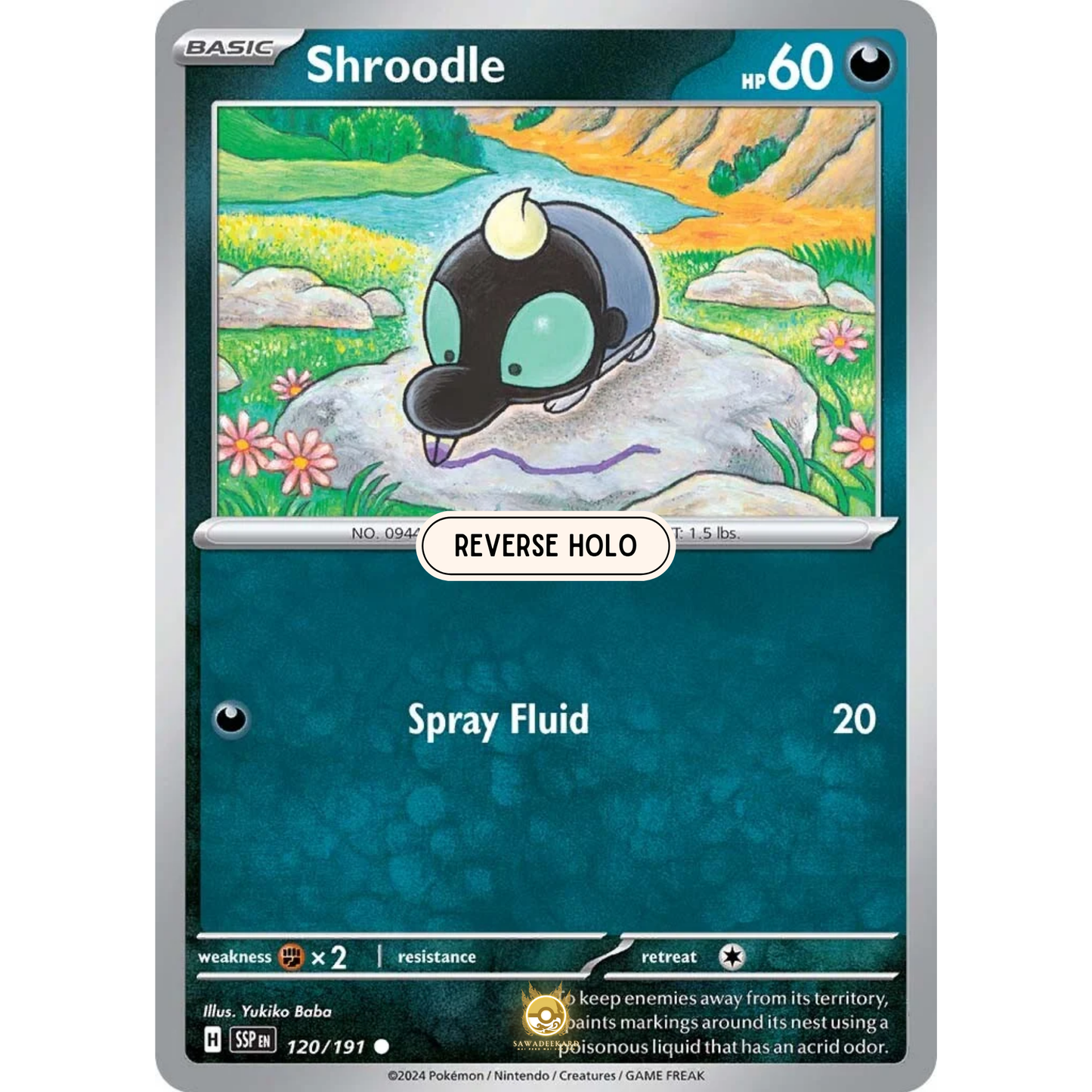 [ENG] Pokemon SV08 Surging Sparks: 120/191 Shroodle [Darkness] [C - Common] (Reverse Holo)