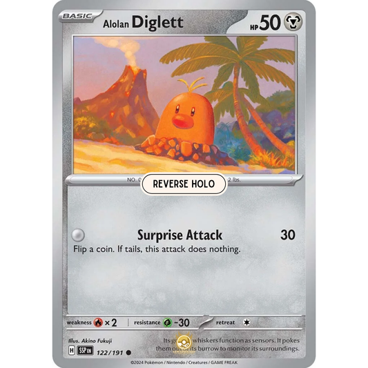[ENG] Pokemon SV08 Surging Sparks: 122/191 Alolan Diglett [Metal] [C - Common] (Reverse Holo)