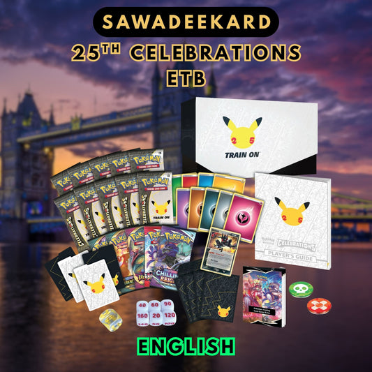 Pokemon TCG Celebrations Elite Trainer Box contents including 10 Celebrations packs, Greninja Star promo card, Darkness Ablaze, Vivid Voltage, Battle Styles and Chilling Reign booster packs