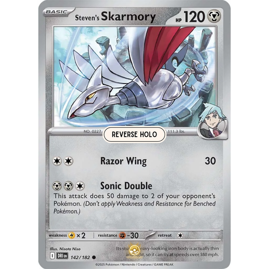 [ENG] Pokemon SV10 Destined Rivals: 142/182 Steven's Skarmory [Metal] [C - Common] (Reverse Holo)