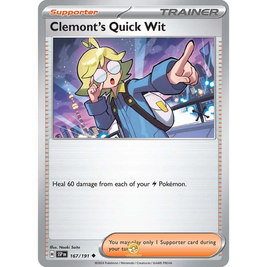 [ENG] Pokemon SV08 Surging Sparks: 167/191 Clemont's Quick Wit [Support] [U - Uncommon] (Non-foil)