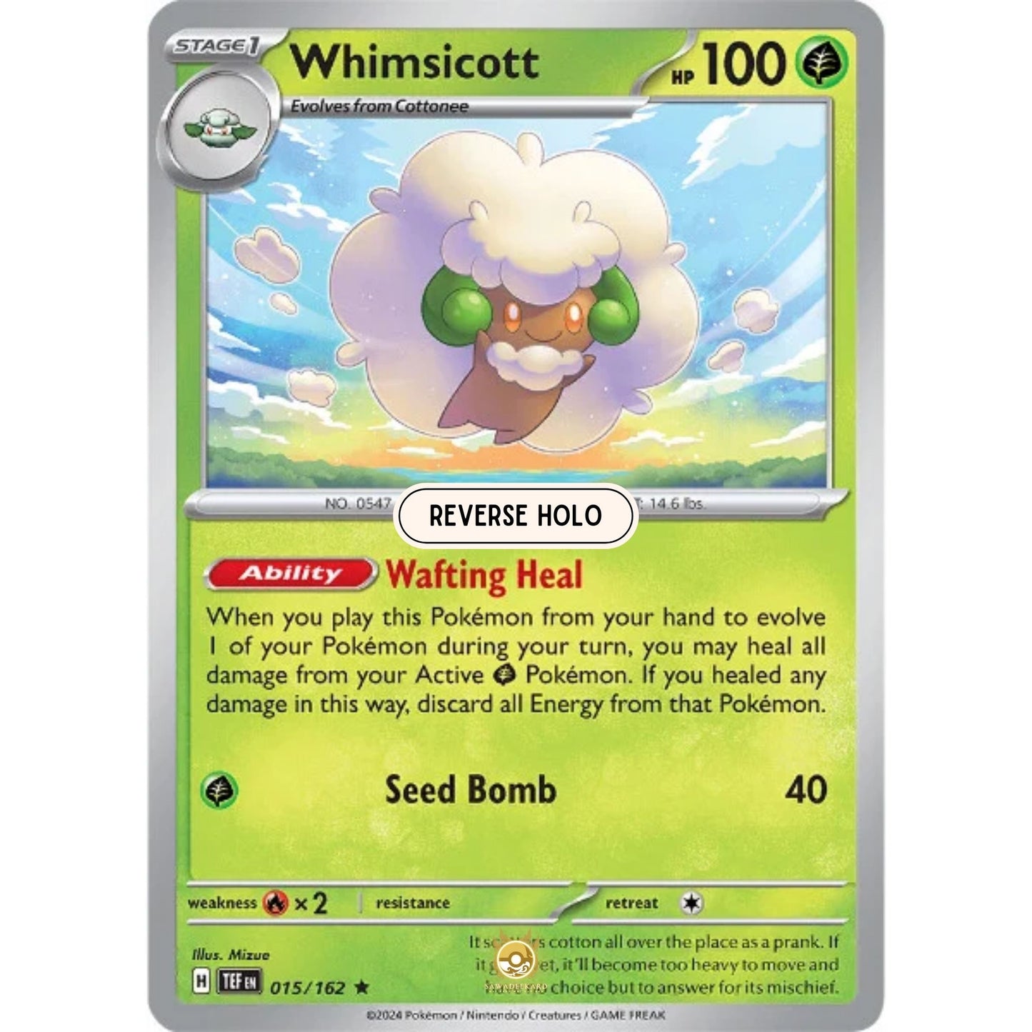 [ENG]	SV05	Temporal Forces:	015/162	Whimsicott	[Grass]	[R - Rare]	(Reverse Holo)