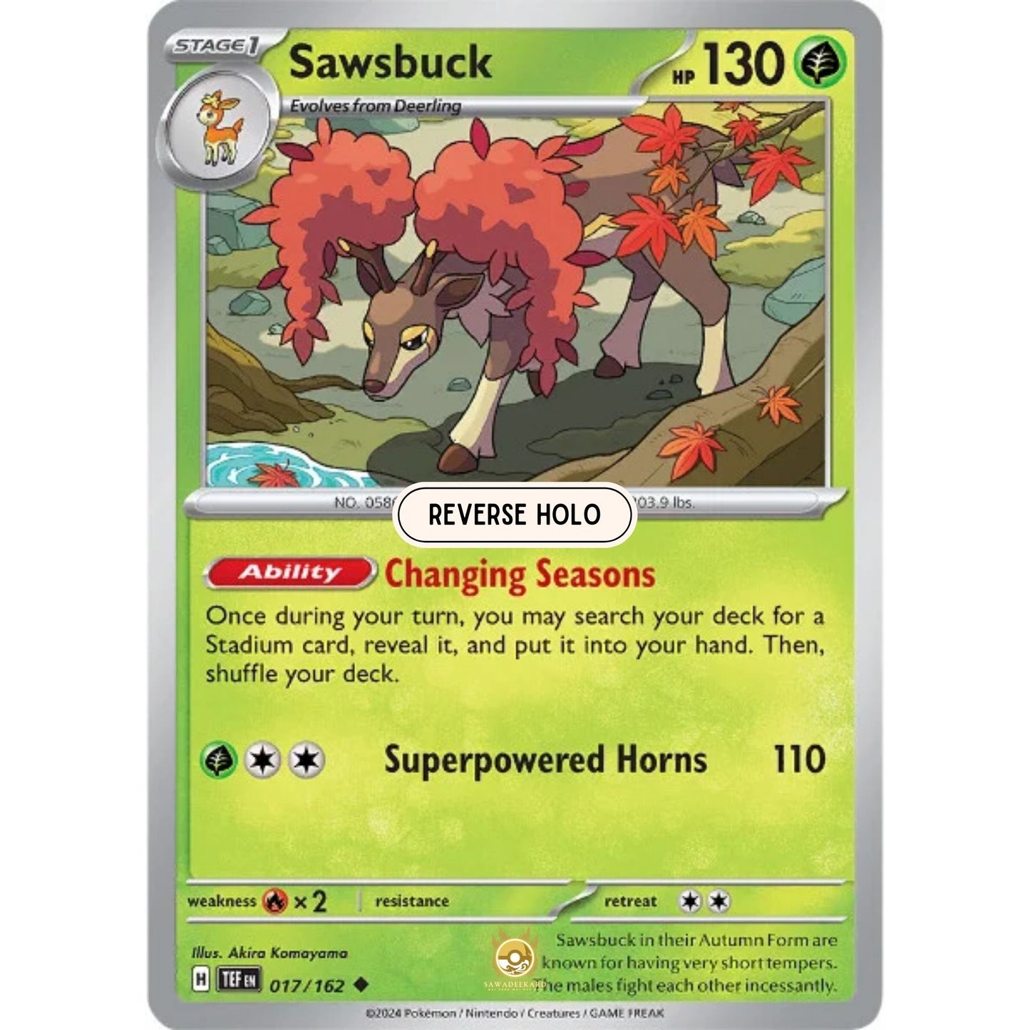 [ENG]	SV05	Temporal Forces:	017/162	Sawsbuck	[Grass]	[U - Uncommon]	(Reverse Holo)