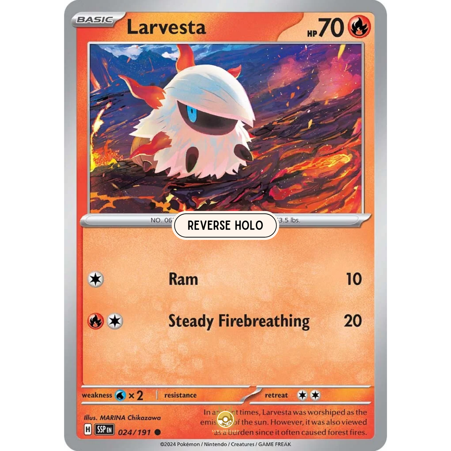 [ENG] Pokemon SV08 Surging Sparks: 024/191 Larvesta [Fire] [C - Common] (Reverse Holo)