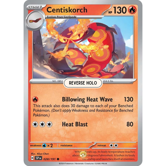[ENG] Pokemon SV08 Surging Sparks: 028/191 Centiskorch [Fire] [C - Common] (Reverse Holo)