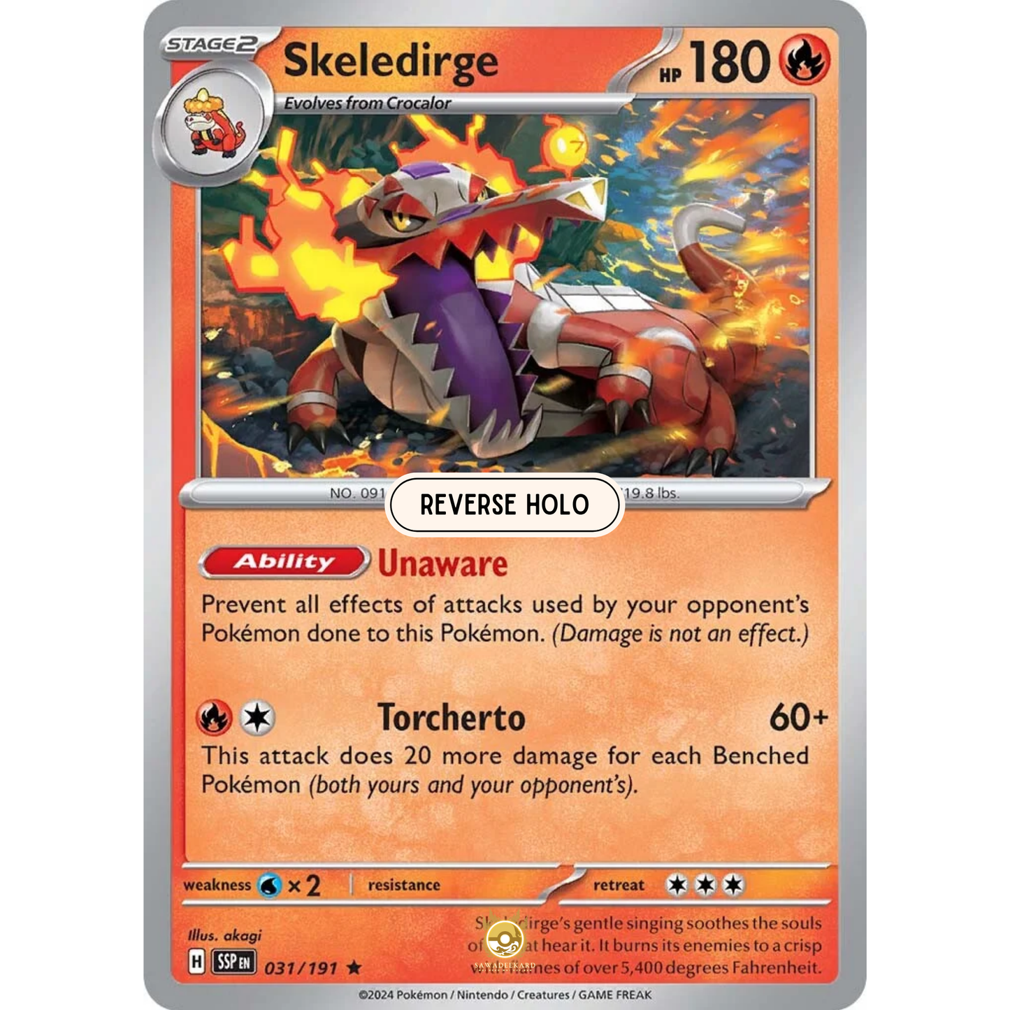 [ENG] Pokemon SV08 Surging Sparks: 031/191 Skeledirge [Fire] [R - Rare] (Reverse Holo)