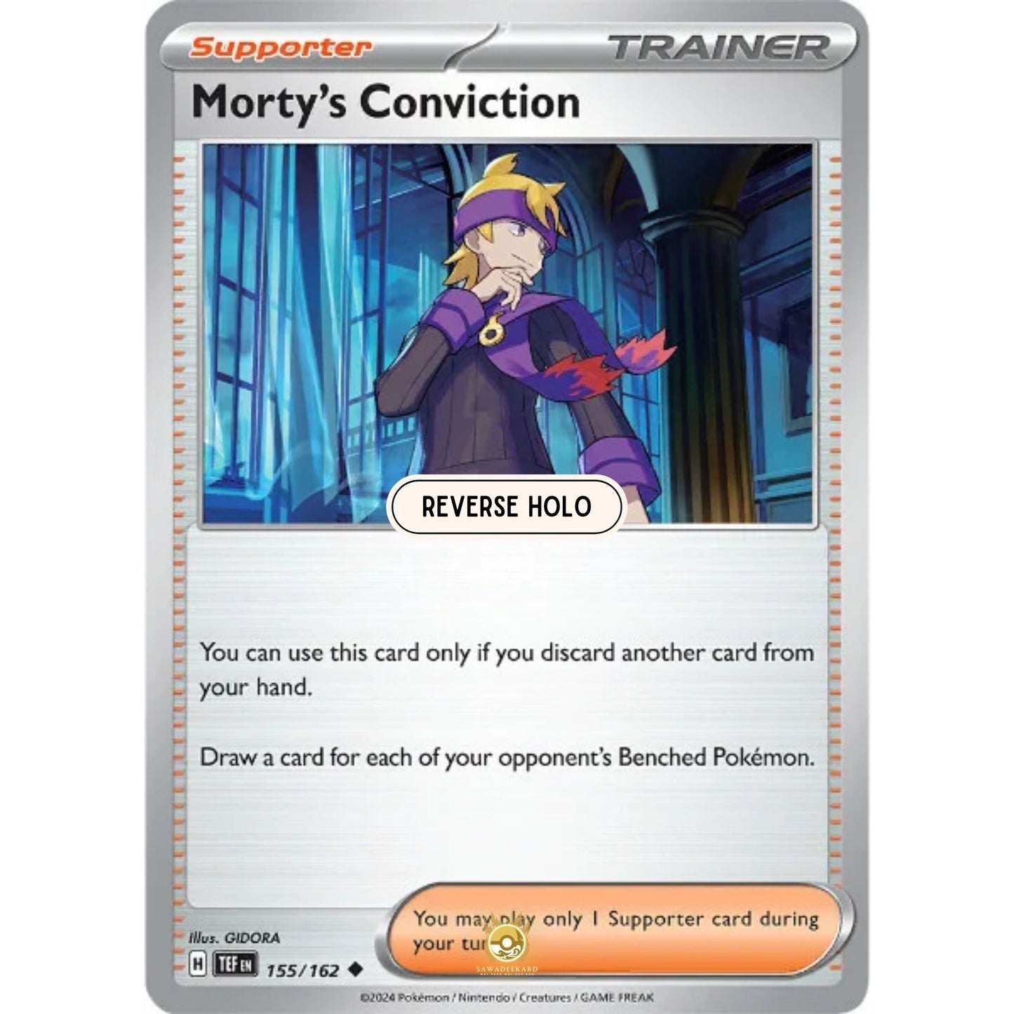 [ENG]	SV05	Temporal Forces:	155/162	Morty's Conviction	[Supporter]	[U - Uncommon]	(Reverse Holo)