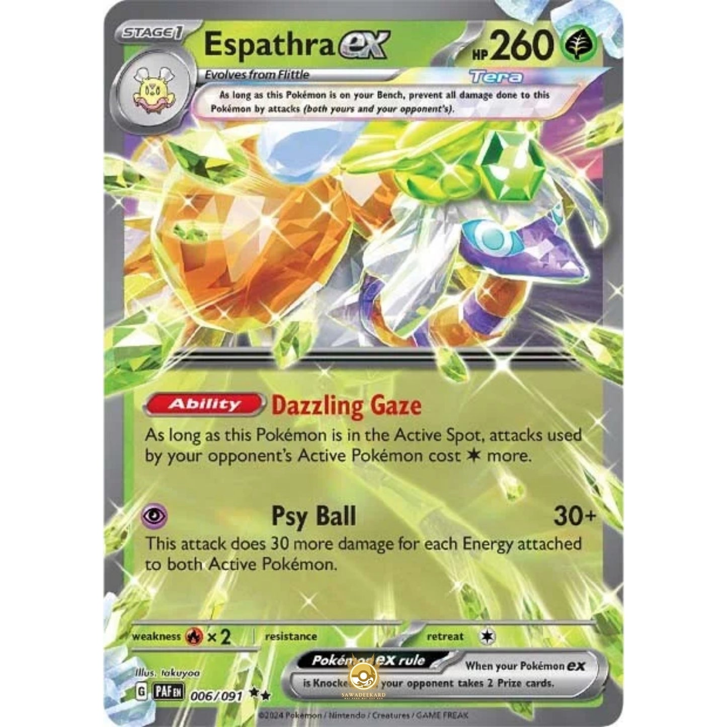 [ENG]	Pokemon	SV4.5	Paldean Fates:	006/091	Espathra ex	[Grass]	[RR - Double Rare]	(Foil)