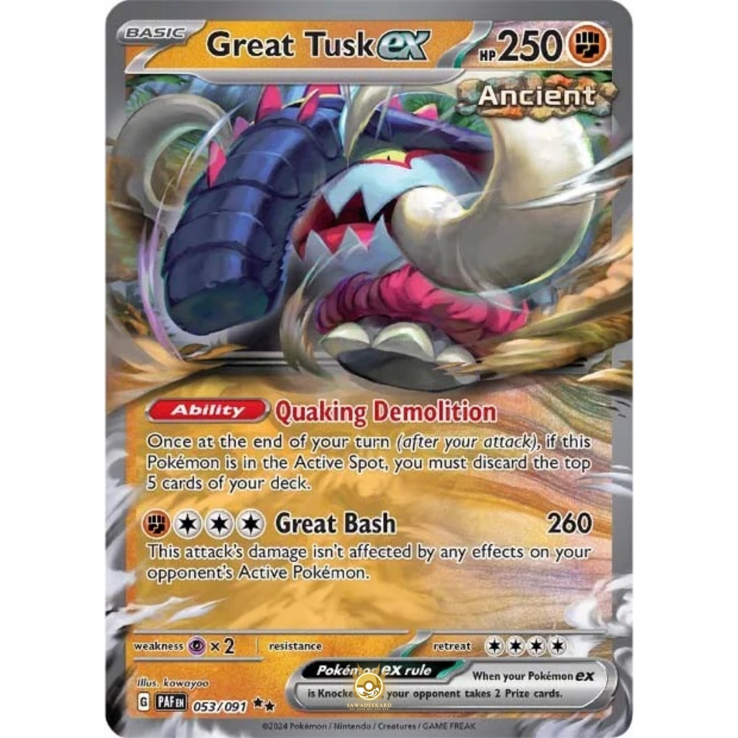 [ENG]	Pokemon	SV4.5	Paldean Fates:	053/091	Great Tusk ex	[Fighting]	[RR - Double Rare]	(Foil)
