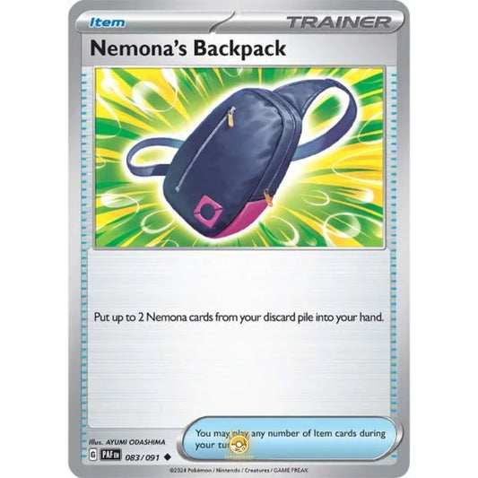 [ENG]	Pokemon	SV4.5	Paldean Fates:	083/091	Nemona's Backpack	[Item]	[U - Uncommon]	(Non-Foil)