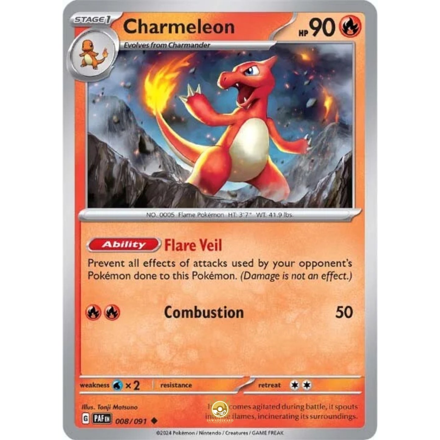 [ENG]	Pokemon	SV4.5	Paldean Fates:	008/091	Charmeleon	[Fire]	[U - Uncommon]	(Non-Foil)