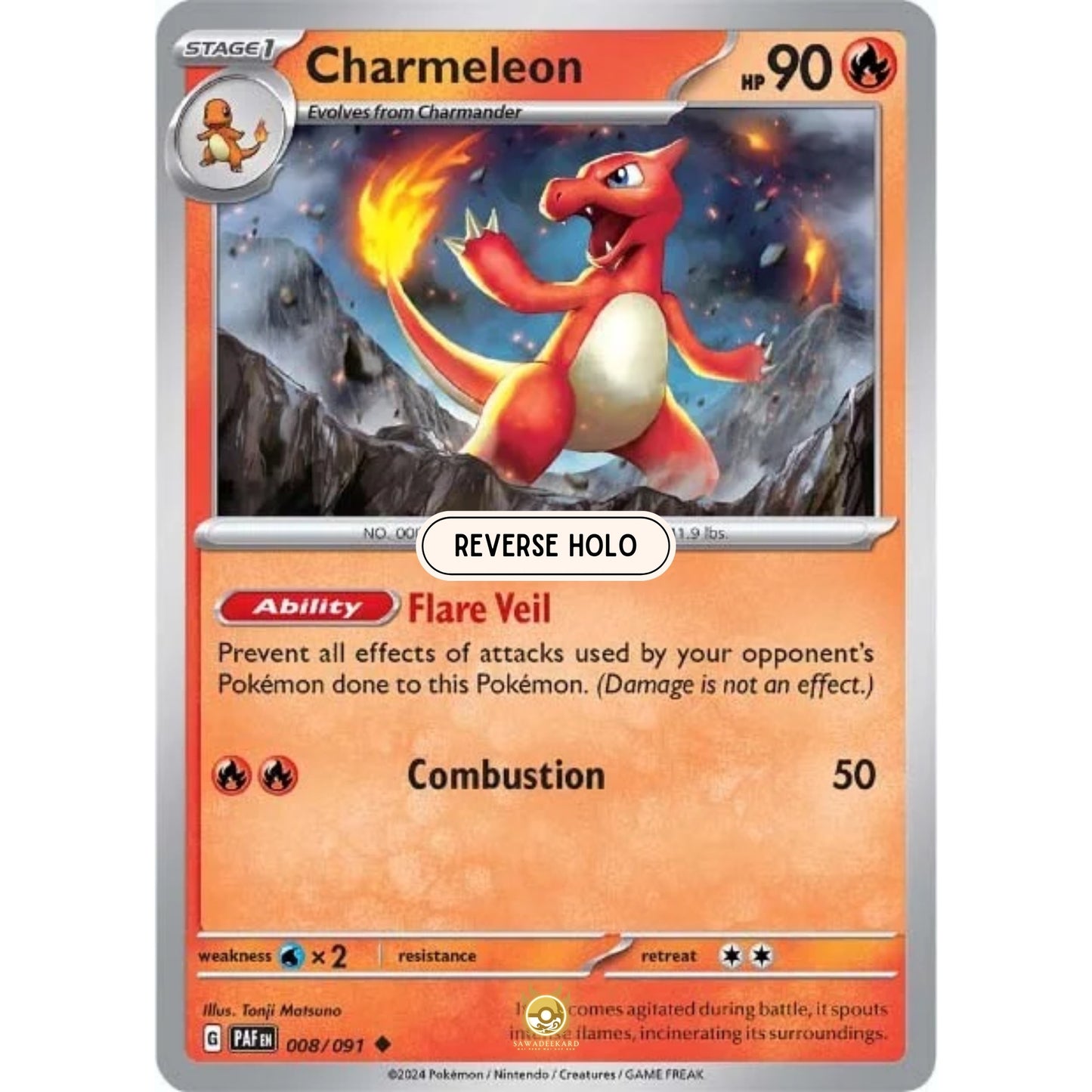 [ENG]	Pokemon	SV4.5	Paldean Fates:	008/091	Charmeleon	[Fire]	[U - Uncommon]	(Reverse Holo)