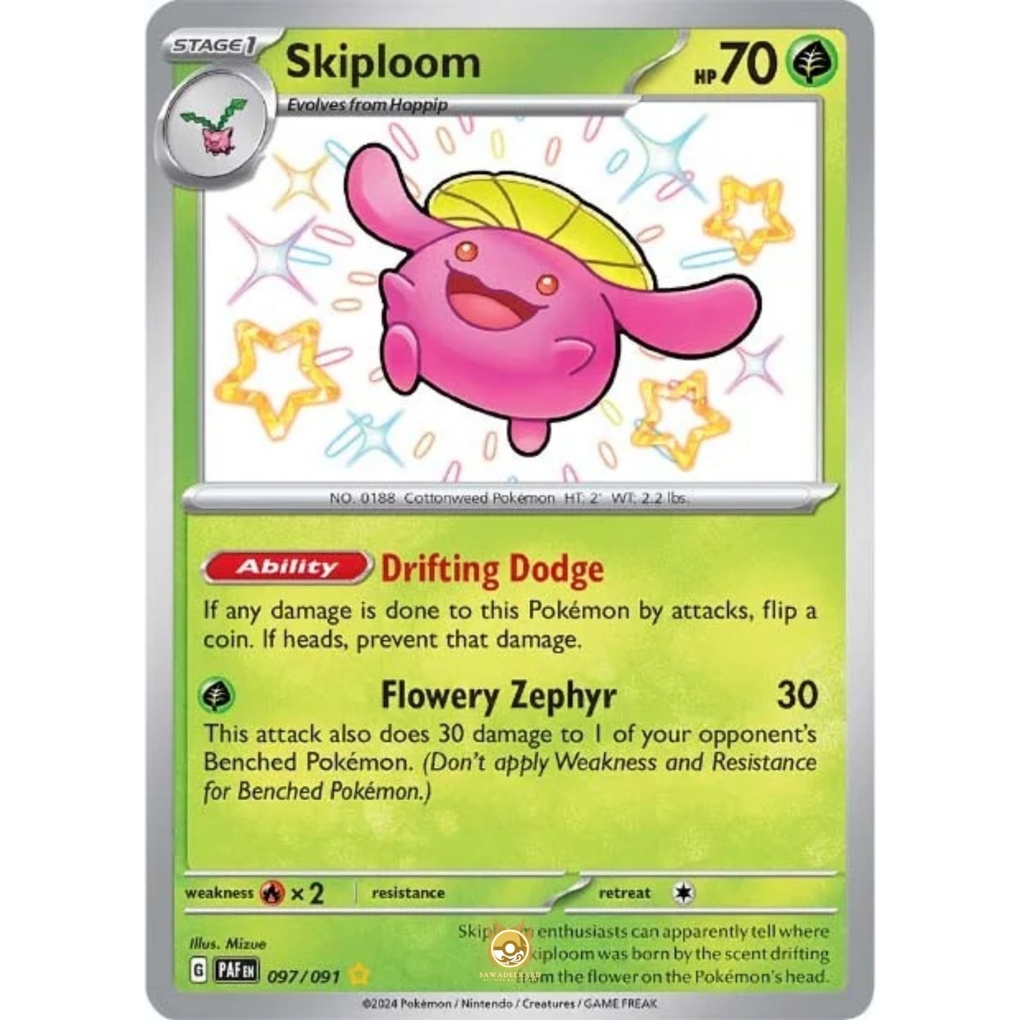 [ENG]	Pokemon	SV4.5	Paldean Fates:	097/091	Skiploom	[Grass]	[SR - Shiny Rare]	(Foil)