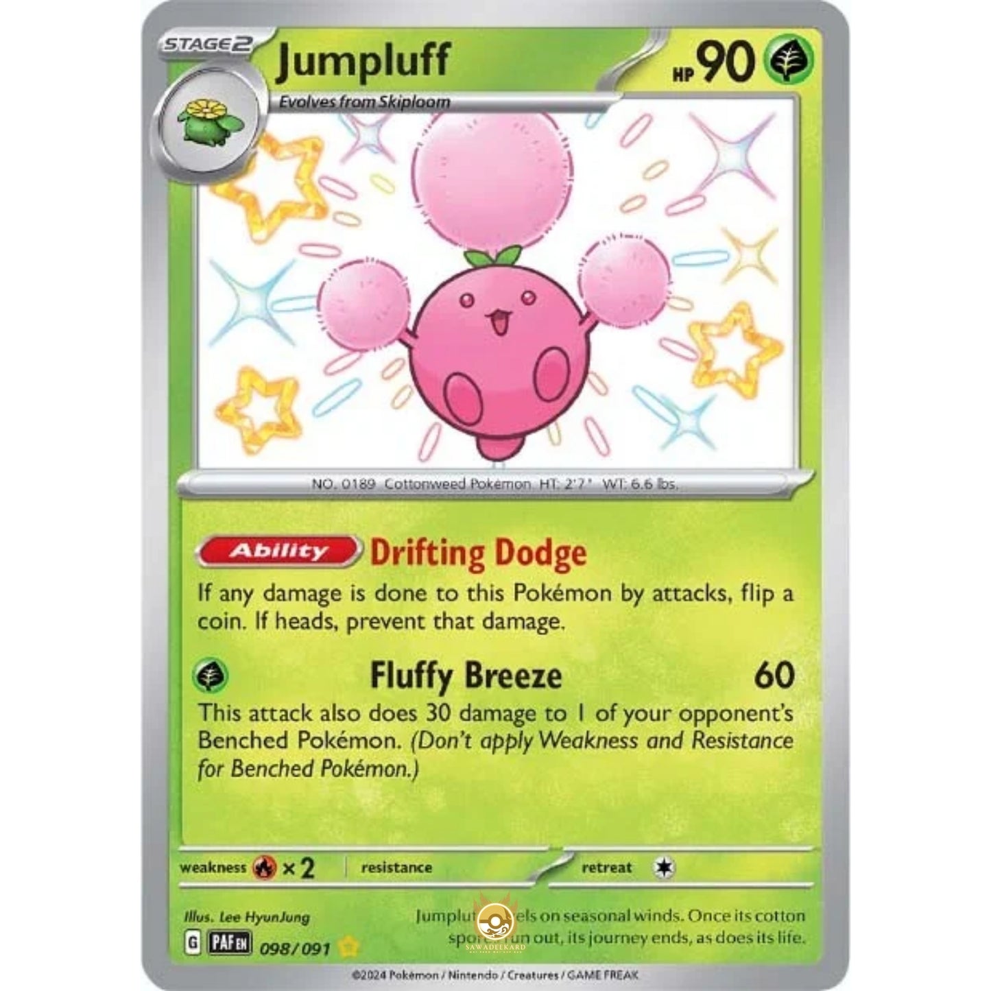 [ENG]	Pokemon	SV4.5	Paldean Fates:	098/091	Jumpluff	[Grass]	[SR - Shiny Rare]	(Foil)