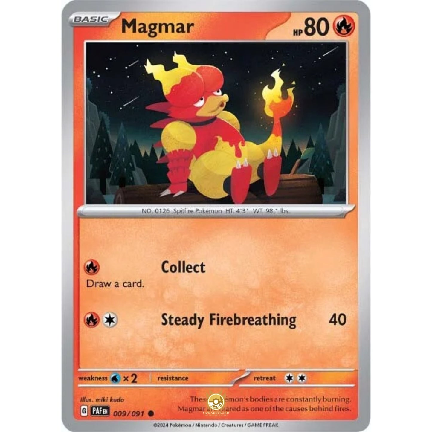 [ENG]	Pokemon	SV4.5	Paldean Fates:	009/091	Magmar	[Fire]	[C - Common]	(Non-Foil)