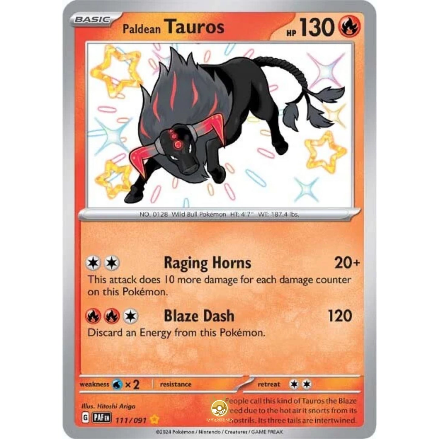 [ENG]	Pokemon	SV4.5	Paldean Fates:	111/091	Paldean Tauros	[Fire]	[SR - Shiny Rare]	(Foil)