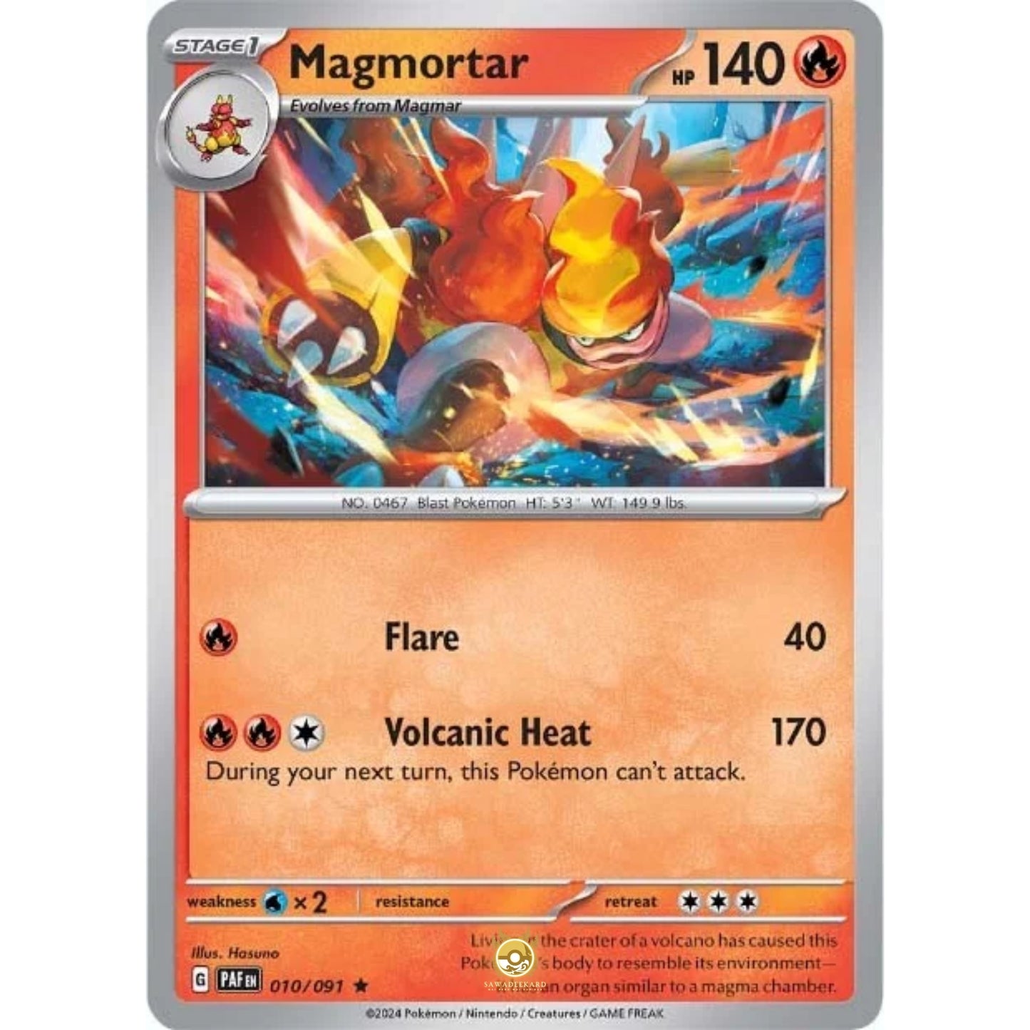 [ENG]	Pokemon	SV4.5	Paldean Fates:	010/091	Magmortar	[Fire]	[R - Rare]	(Foil)