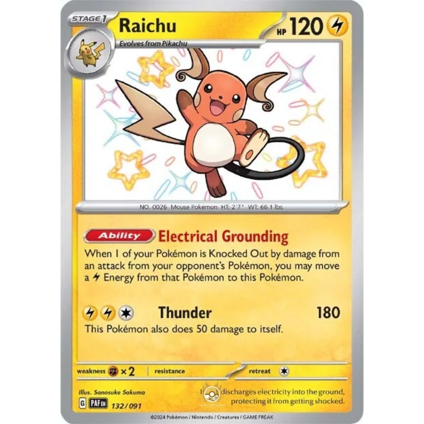 [ENG]	Pokemon	SV4.5	Paldean Fates:	132/091	Raichu	[Lightning]	[SR - Shiny Rare]	(Foil)