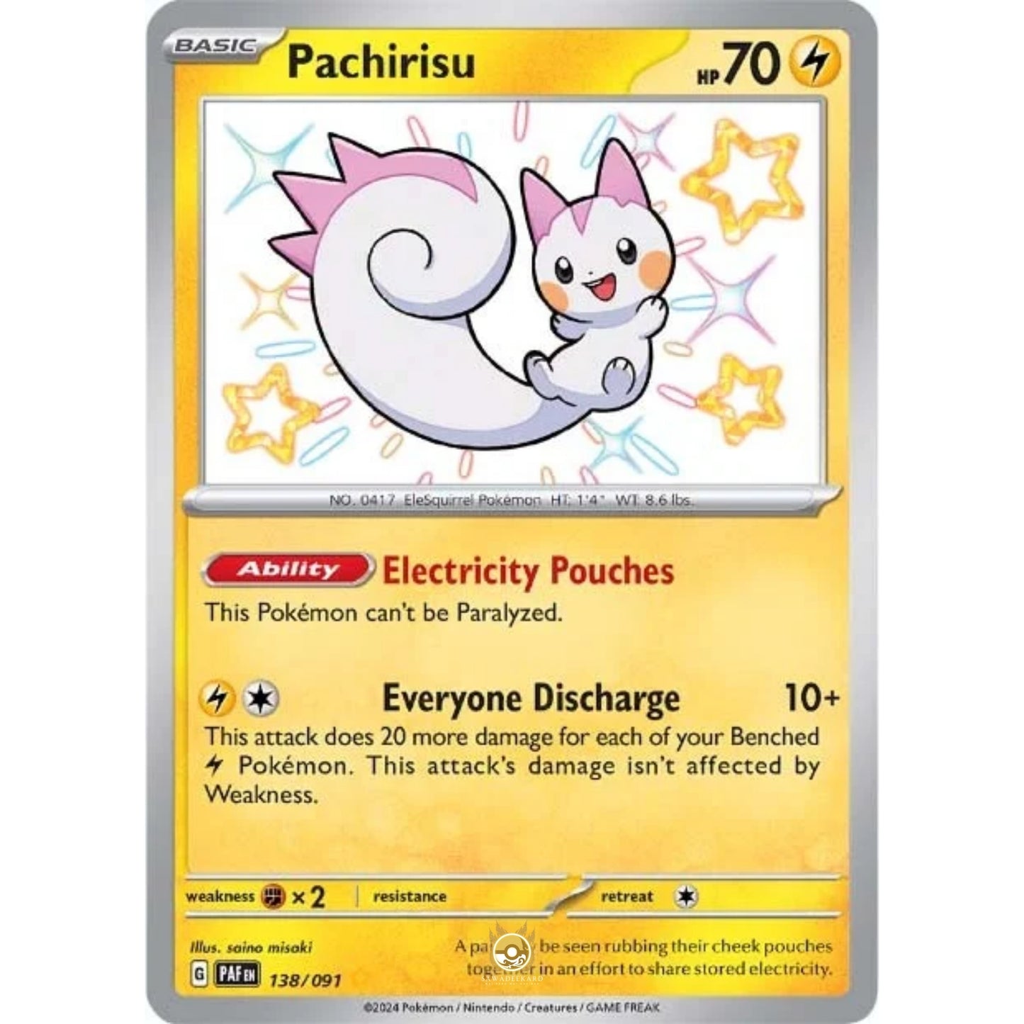 [ENG]	Pokemon	SV4.5	Paldean Fates:	138/091	Pachirisu	[Lightning]	[SR - Shiny Rare]	(Foil)