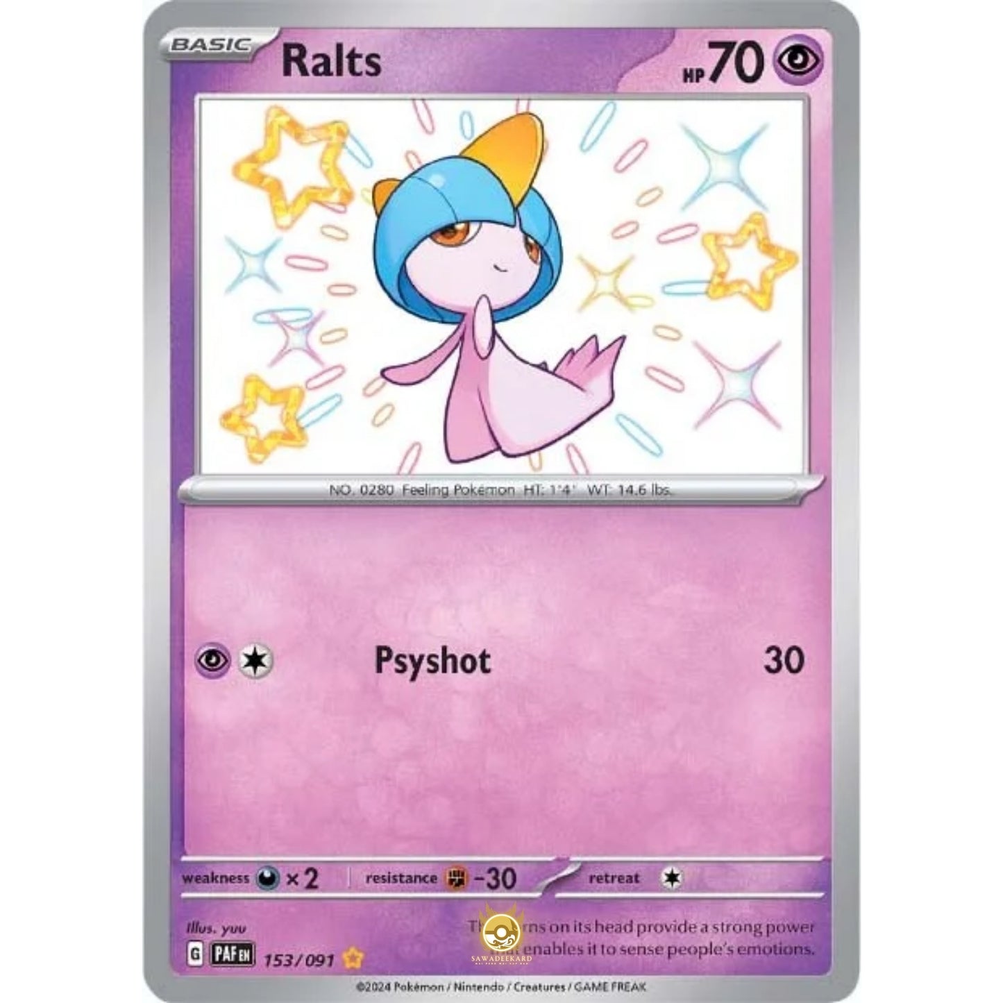 [ENG]	Pokemon	SV4.5	Paldean Fates:	153/091	Ralts	[Psychic]	[SR - Shiny Rare]	(Foil)