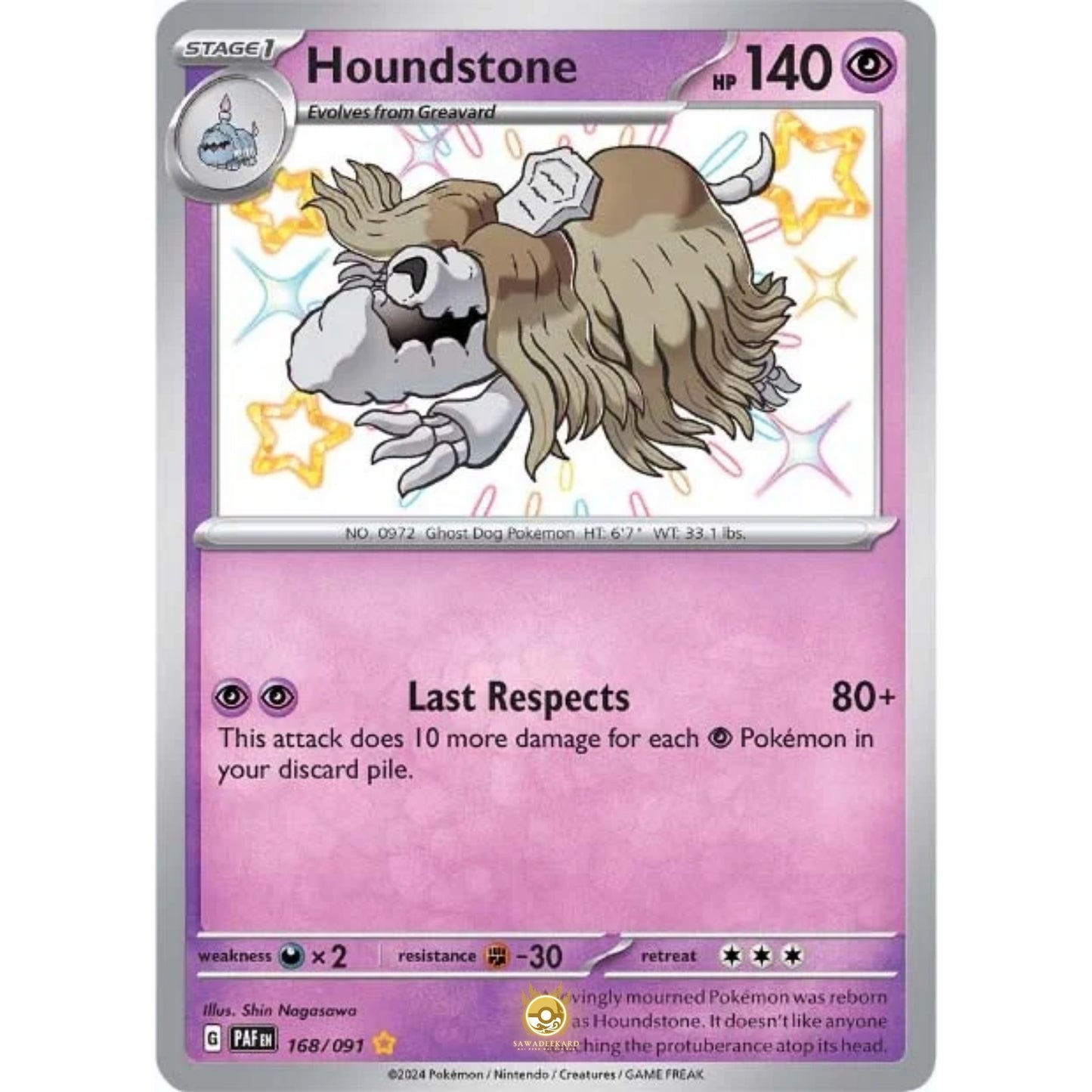 [ENG]	Pokemon	SV4.5	Paldean Fates:	168/091	Houndstone	[Psychic]	[SR - Shiny Rare]	(Foil)