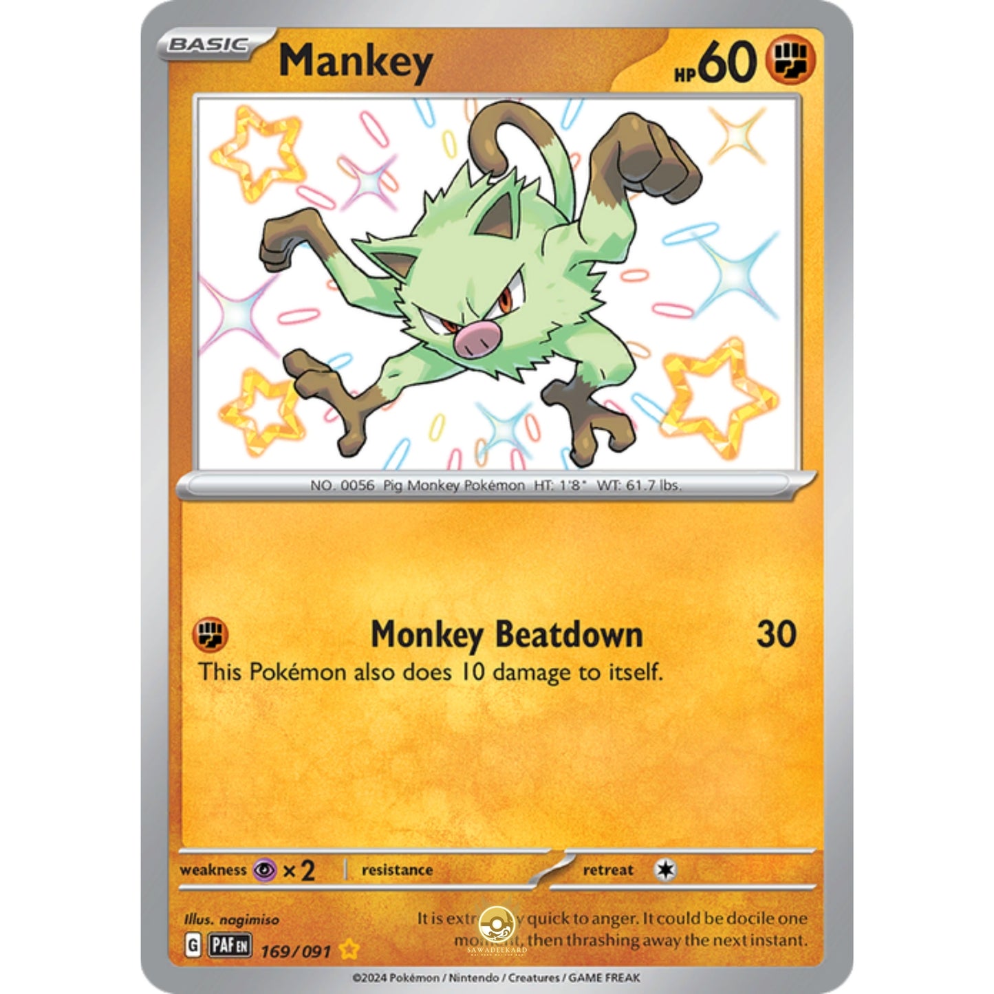 [ENG]	Pokemon	SV4.5	Paldean Fates:	169/091	Mankey	[Fighting]	[SR - Shiny Rare]	(Foil)