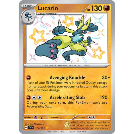 [ENG]	Pokemon	SV4.5	Paldean Fates:	174/091	Lucario	[Fighting]	[SR - Shiny Rare]	(Foil)