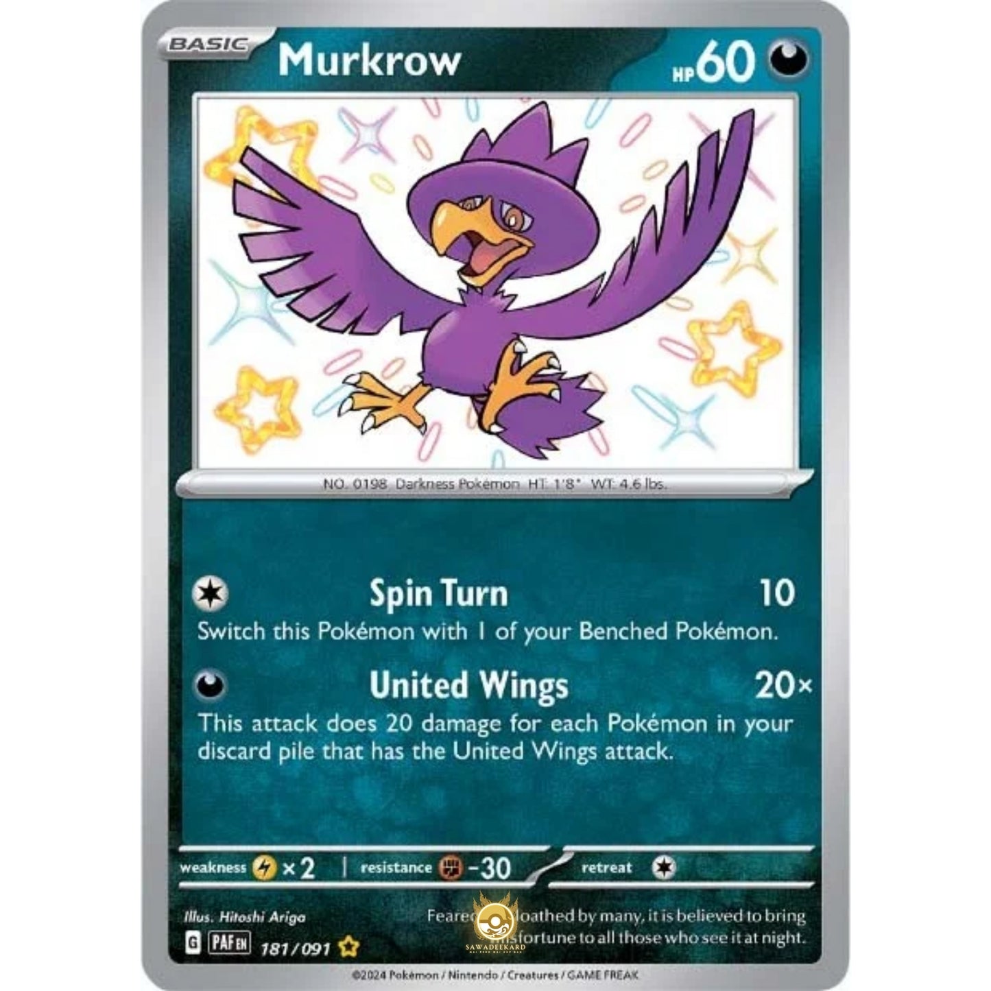 [ENG]	Pokemon	SV4.5	Paldean Fates:	181/091	Murkrow	[Darkness]	[SR - Shiny Rare]	(Foil)