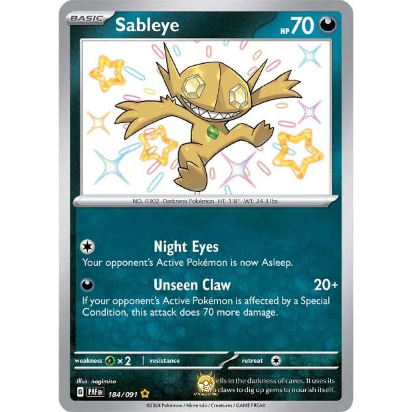 [ENG]	Pokemon	SV4.5	Paldean Fates:	184/091	Sableye	[Darkness]	[SR - Shiny Rare]	(Foil)