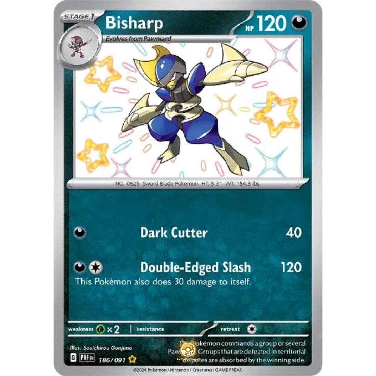 [ENG]	Pokemon	SV4.5	Paldean Fates:	186/091	Bisharp	[Darkness]	[SR - Shiny Rare]	(Foil)