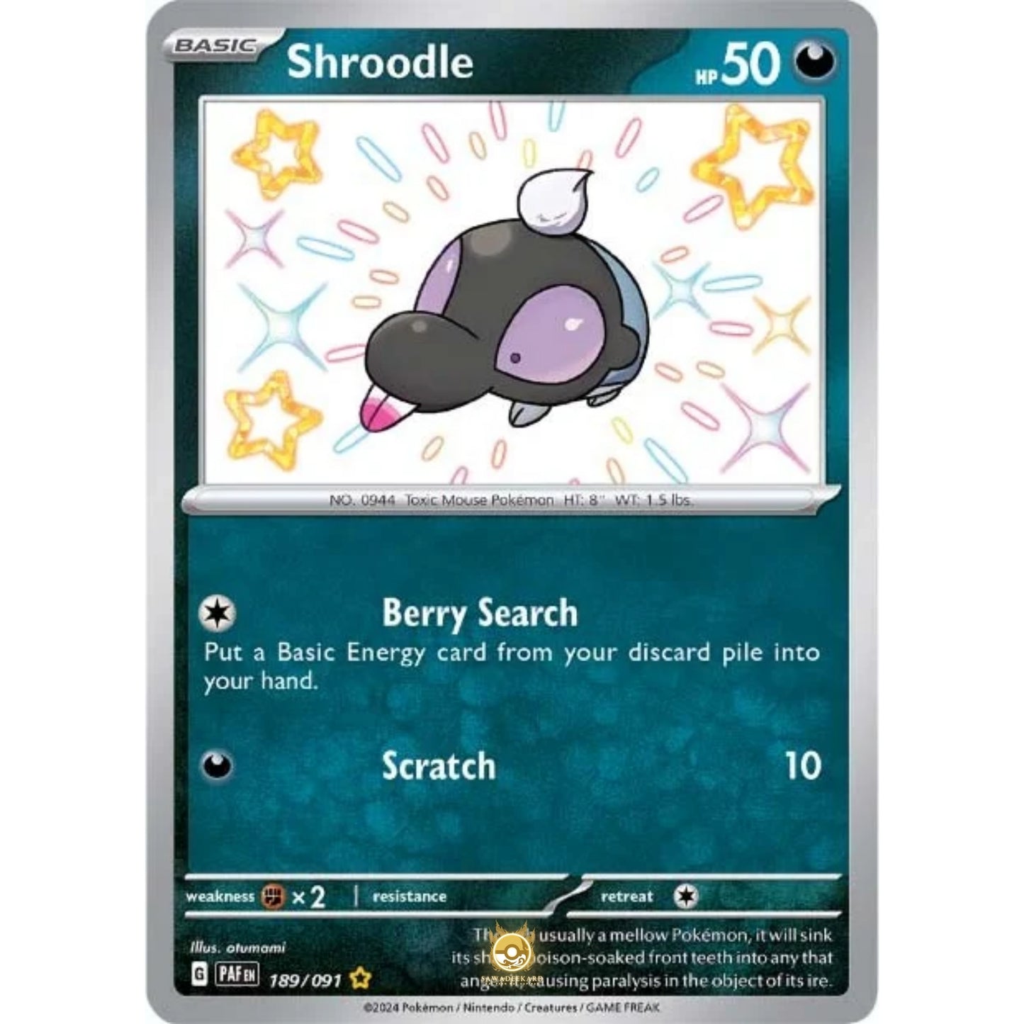 [ENG]	Pokemon	SV4.5	Paldean Fates:	189/091	Shroodle	[Darkness]	[SR - Shiny Rare]	(Foil)