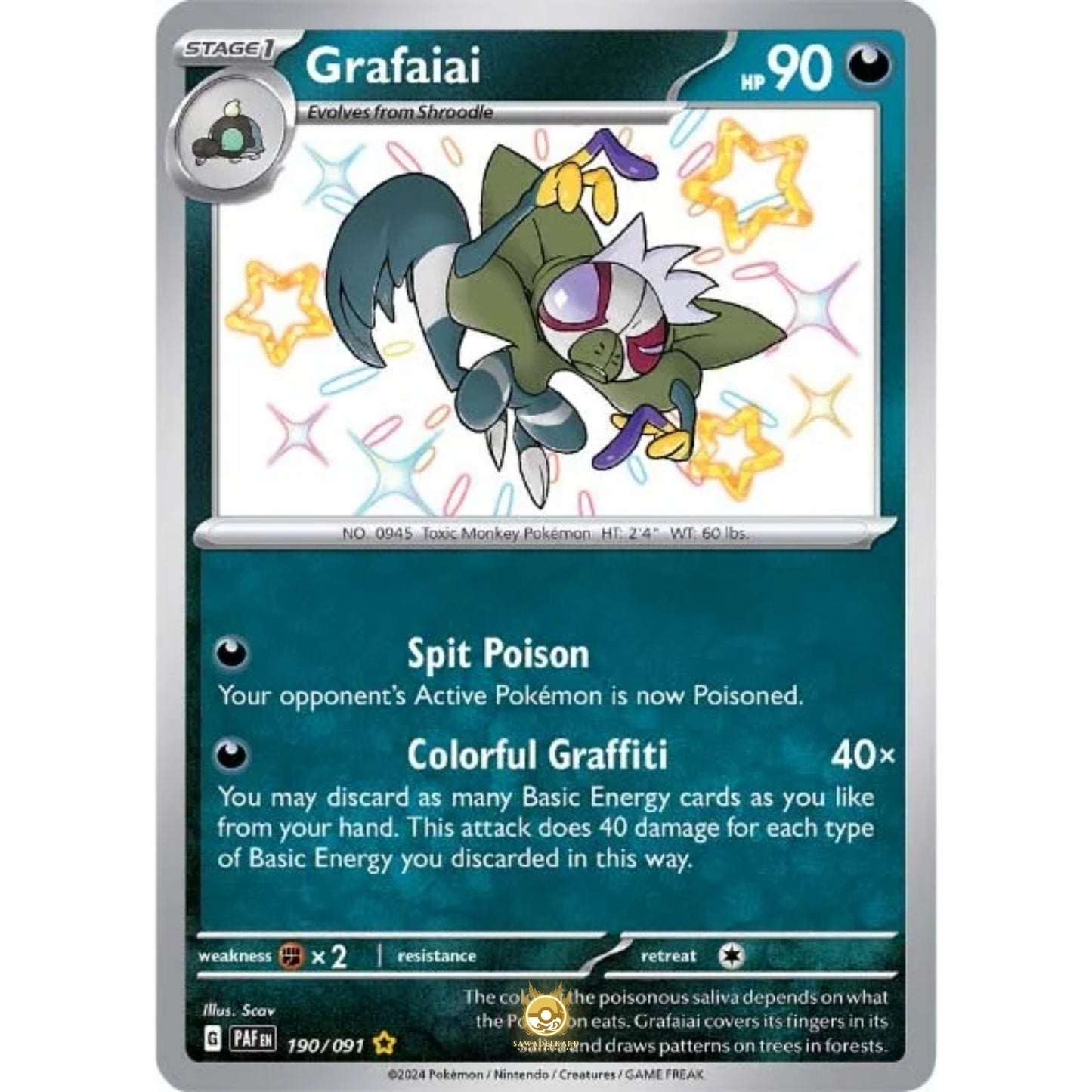 [ENG]	Pokemon	SV4.5	Paldean Fates:	190/091	Grafaiai	[Darkness]	[SR - Shiny Rare]	(Foil)