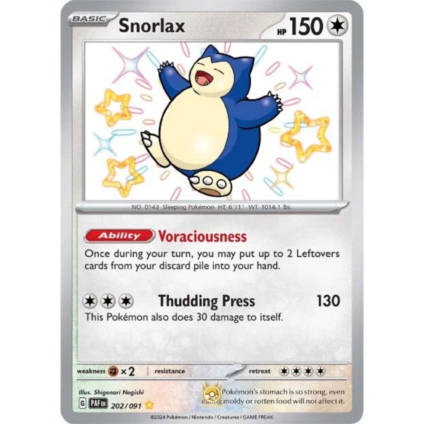 [ENG]	Pokemon	SV4.5	Paldean Fates:	202/091	Snorlax	[Colorless]	[SR - Shiny Rare]	(Foil)