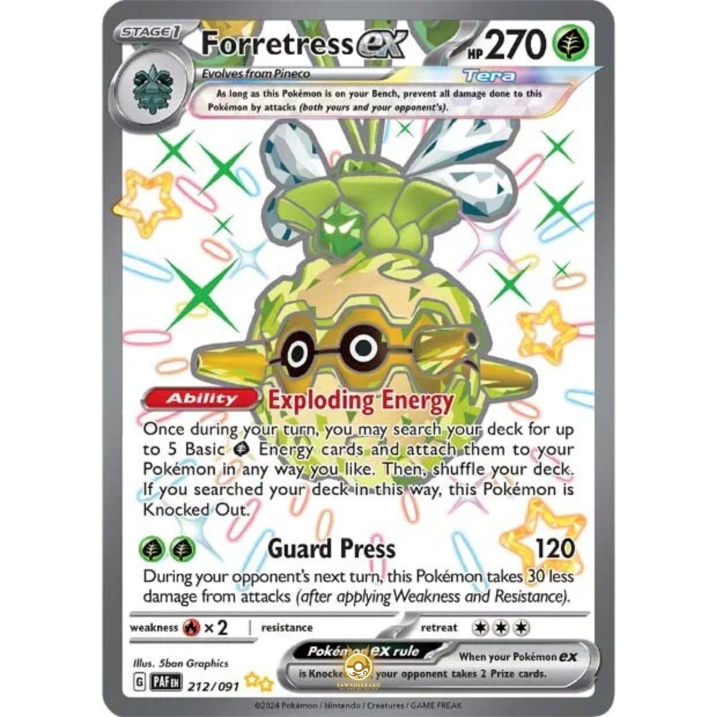 [ENG]	Pokemon	SV4.5	Paldean Fates:	212/091	Forrestress ex	[Grass]	[SUR - Shiny Ultra Rare]	(Foil)