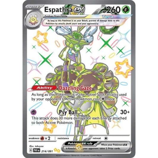 [ENG]	Pokemon	SV4.5	Paldean Fates:	214/091	Espathra	[Grass]	[SUR - Shiny Ultra Rare]	(Foil)