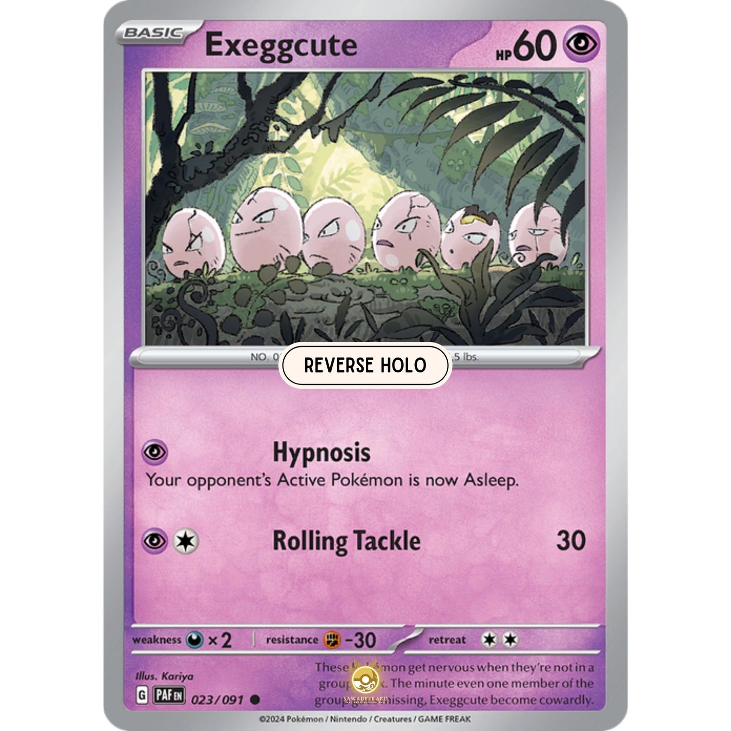 [ENG]	Pokemon	SV4.5	Paldean Fates:	023/091	Exeggcute	[Psychic]	[C - Common]	(Reverse Holo)