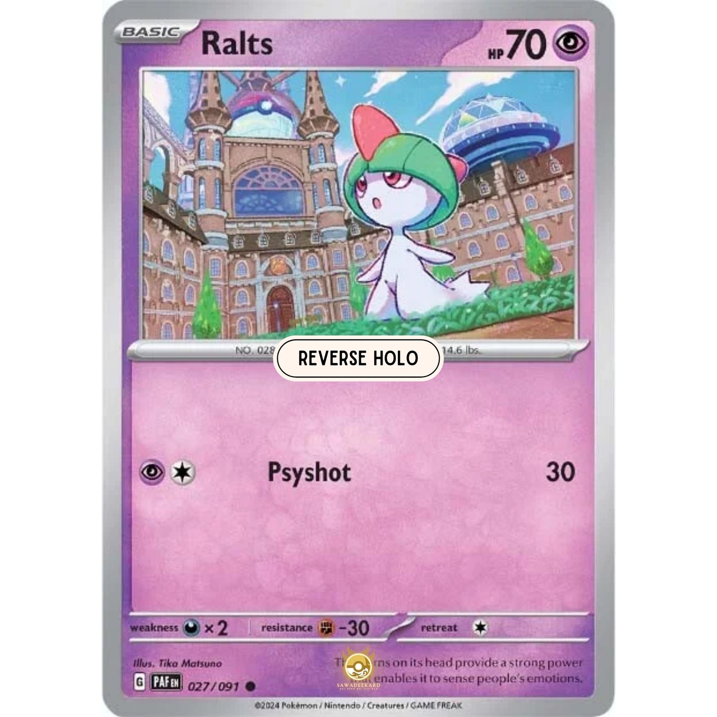 [ENG]	Pokemon	SV4.5	Paldean Fates:	027/091	Ralts	[Psychic]	[C - Common]	(Reverse Holo)