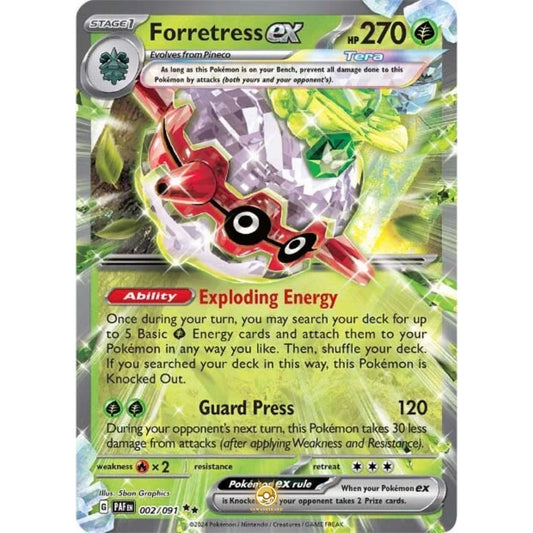 [ENG]	Pokemon	SV4.5	Paldean Fates:	002/091	Forrestress ex	[Grass]	[RR - Double Rare]	(Foil)