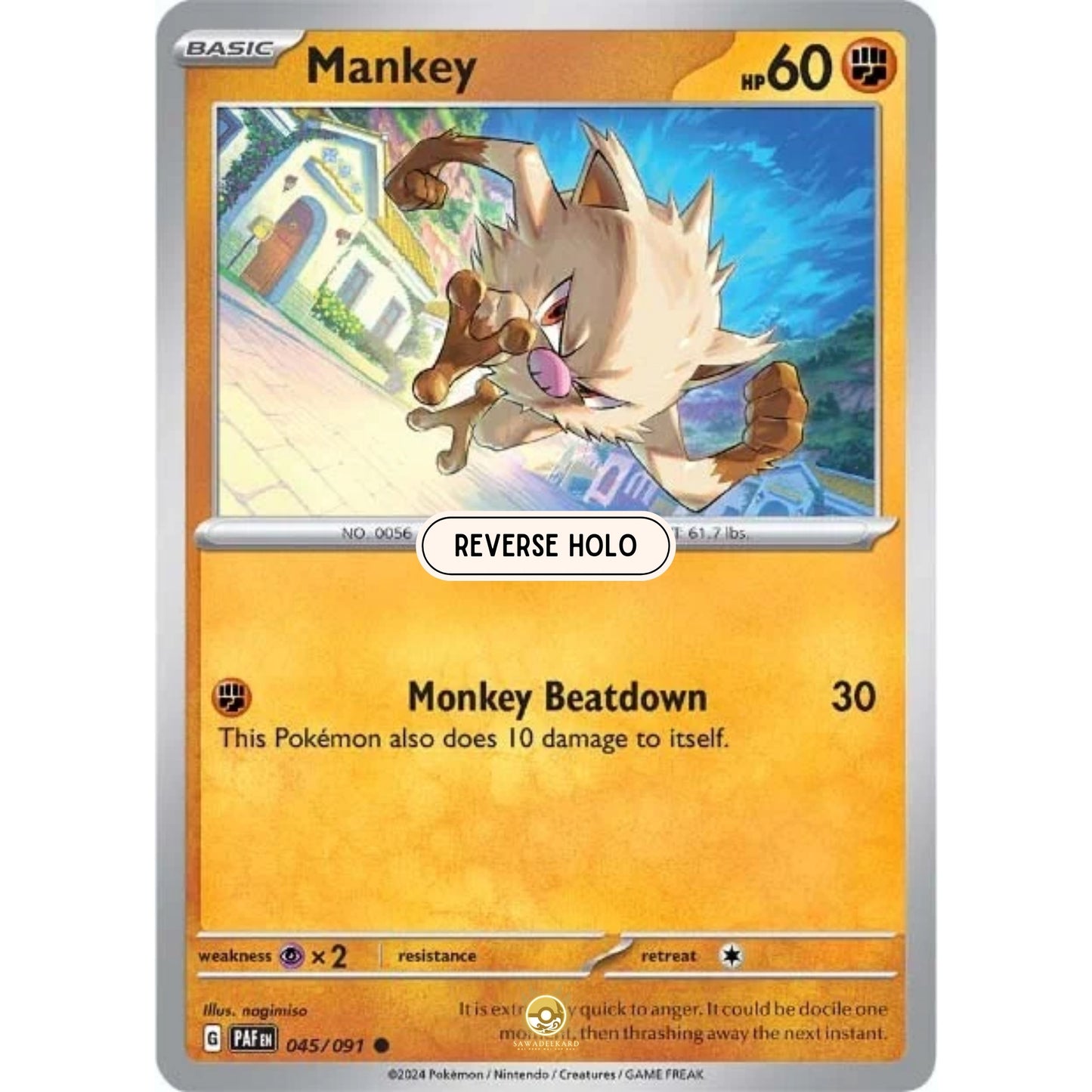 [ENG]	Pokemon	SV4.5	Paldean Fates:	045/091	Mankey	[Fighting]	[C - Common]	(Reverse Holo)