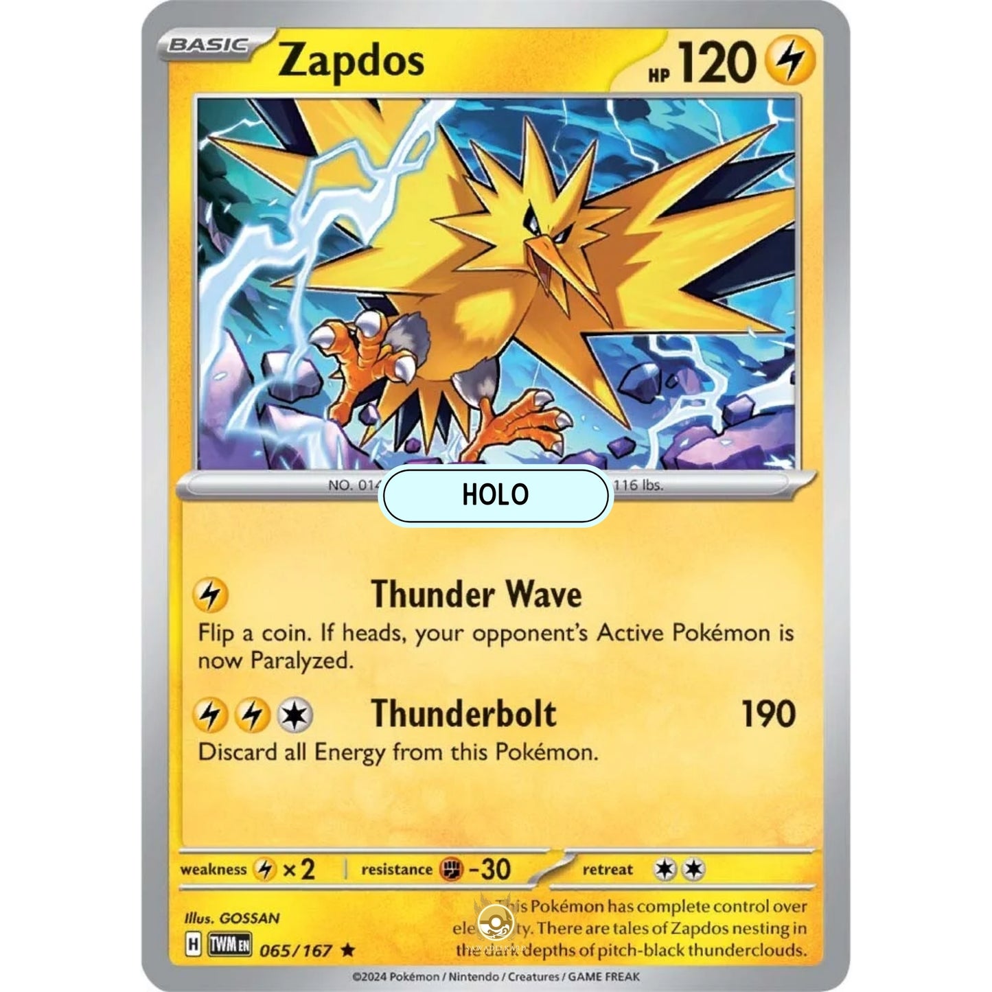 [ENG]	SV06	Twilight Masquerade:	065/167	Zapdos	[Lightning]	[R - Rare]	(Foil)