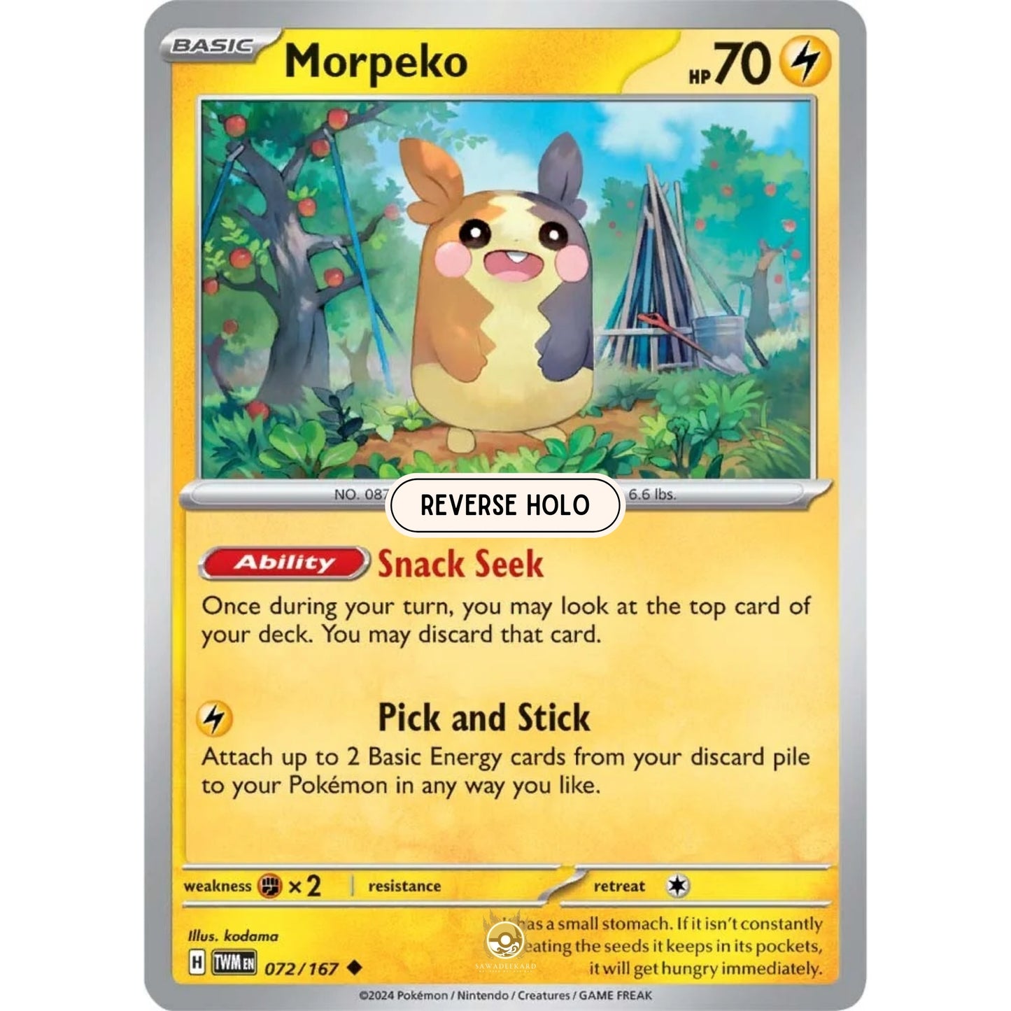 [ENG]	SV06	Twilight Masquerade:	072/167	Morpeko	[Lightning]	[U - Uncommon]	(Reverse Holo)