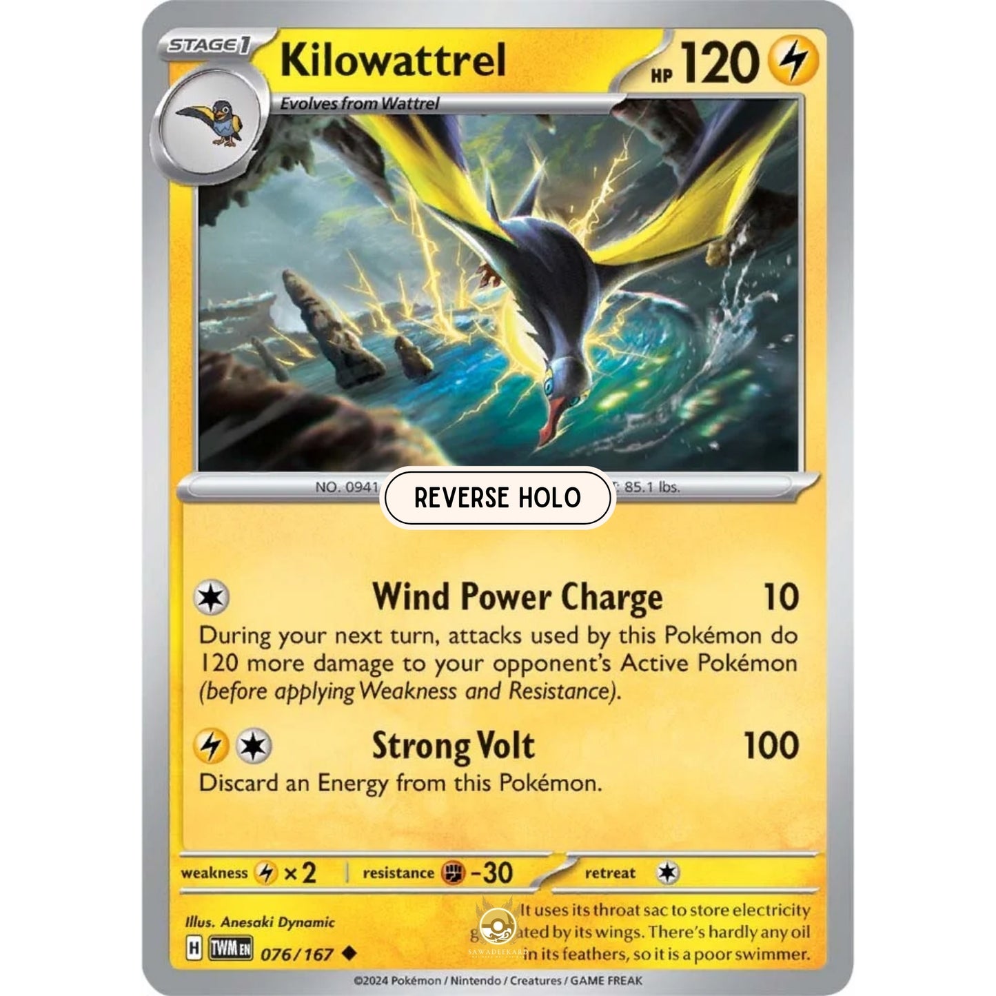 [ENG]	SV06	Twilight Masquerade:	076/167	Kilowattrel	[Lightning]	[U - Uncommon]	(Reverse Holo)