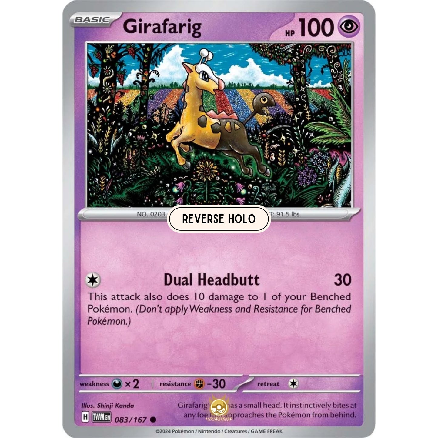 [ENG]	SV06	Twilight Masquerade:	083/167	Girafarig	[Psychic]	[C - Common]	(Reverse Holo)