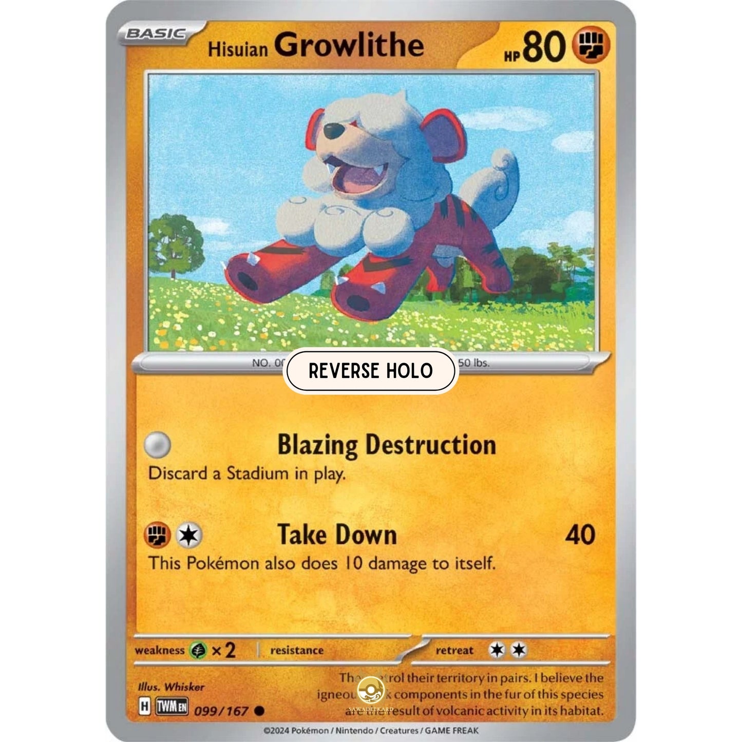 [ENG]	SV06	Twilight Masquerade:	099/167	Hisuian Growlithe	[Fighting]	[C - Common]	(Reverse Holo)