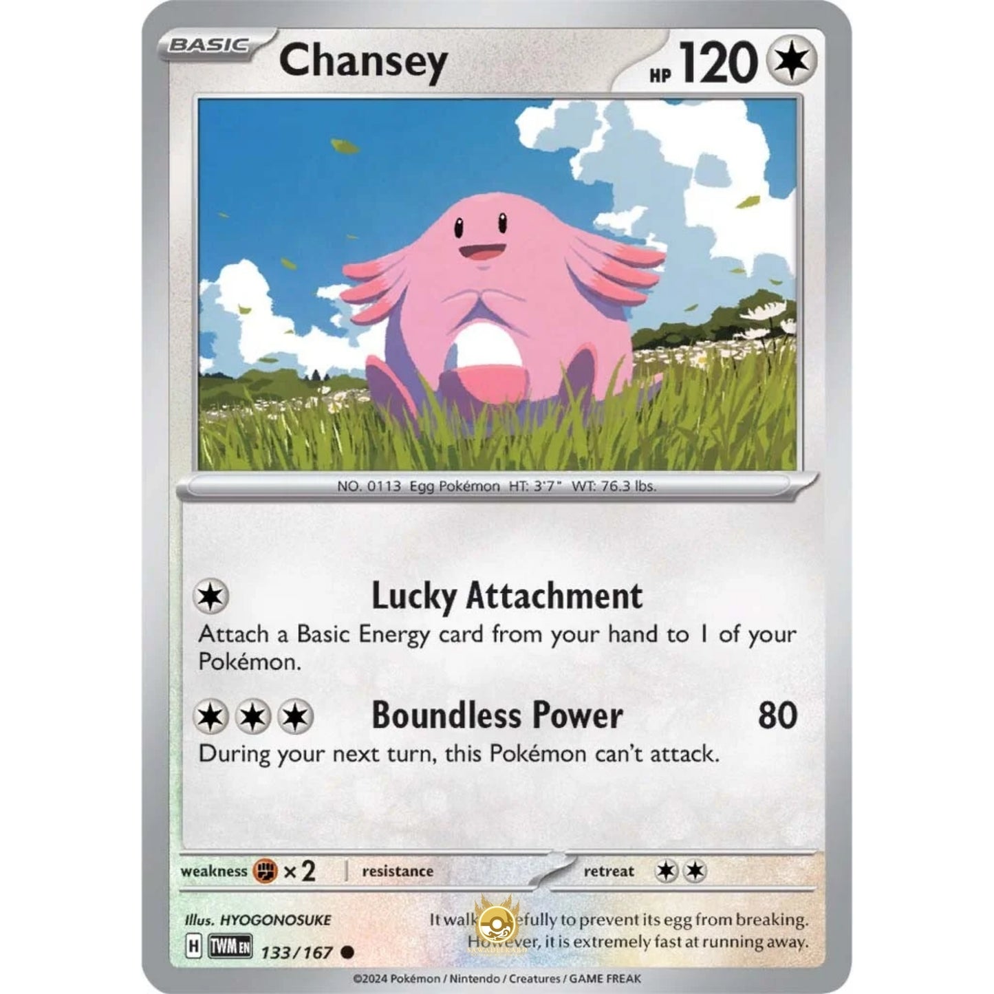 [ENG]	SV06	Twilight Masquerade:	133/167	Chansey	[Colorless]	[C - Common]	(Non-Foil)