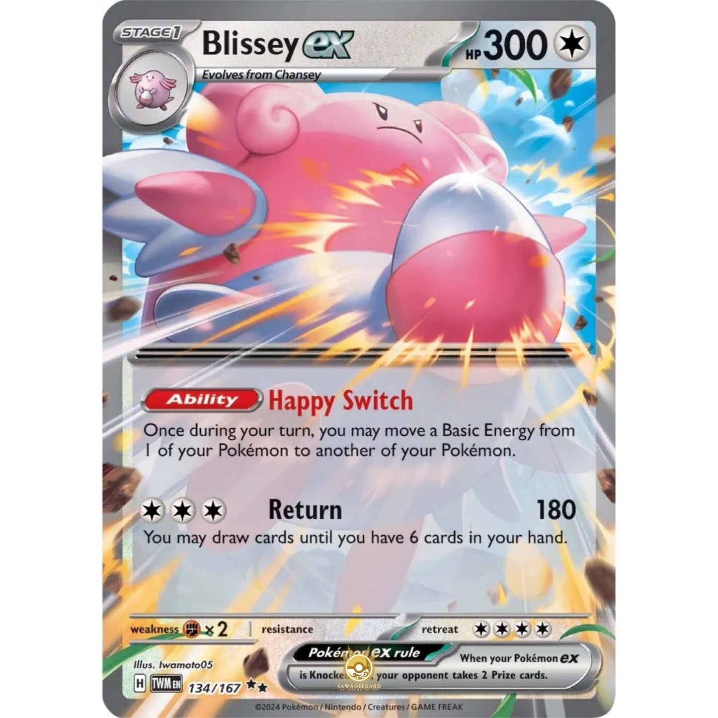 [ENG]	SV06	Twilight Masquerade:	134/167	Blissey ex	[Colorless]	[RR - Double Rare]	(Foil)