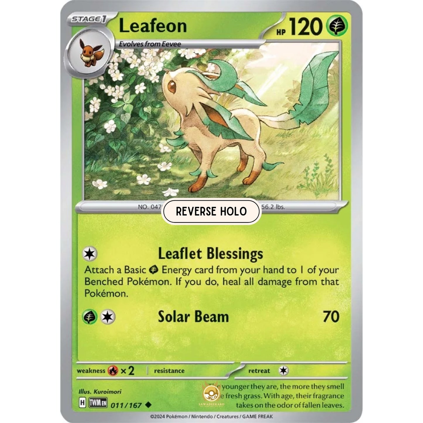 [ENG]	SV06	Twilight Masquerade:	011/167	Leafeon	[Grass]	[U - Uncommon]	(Reverse Holo)